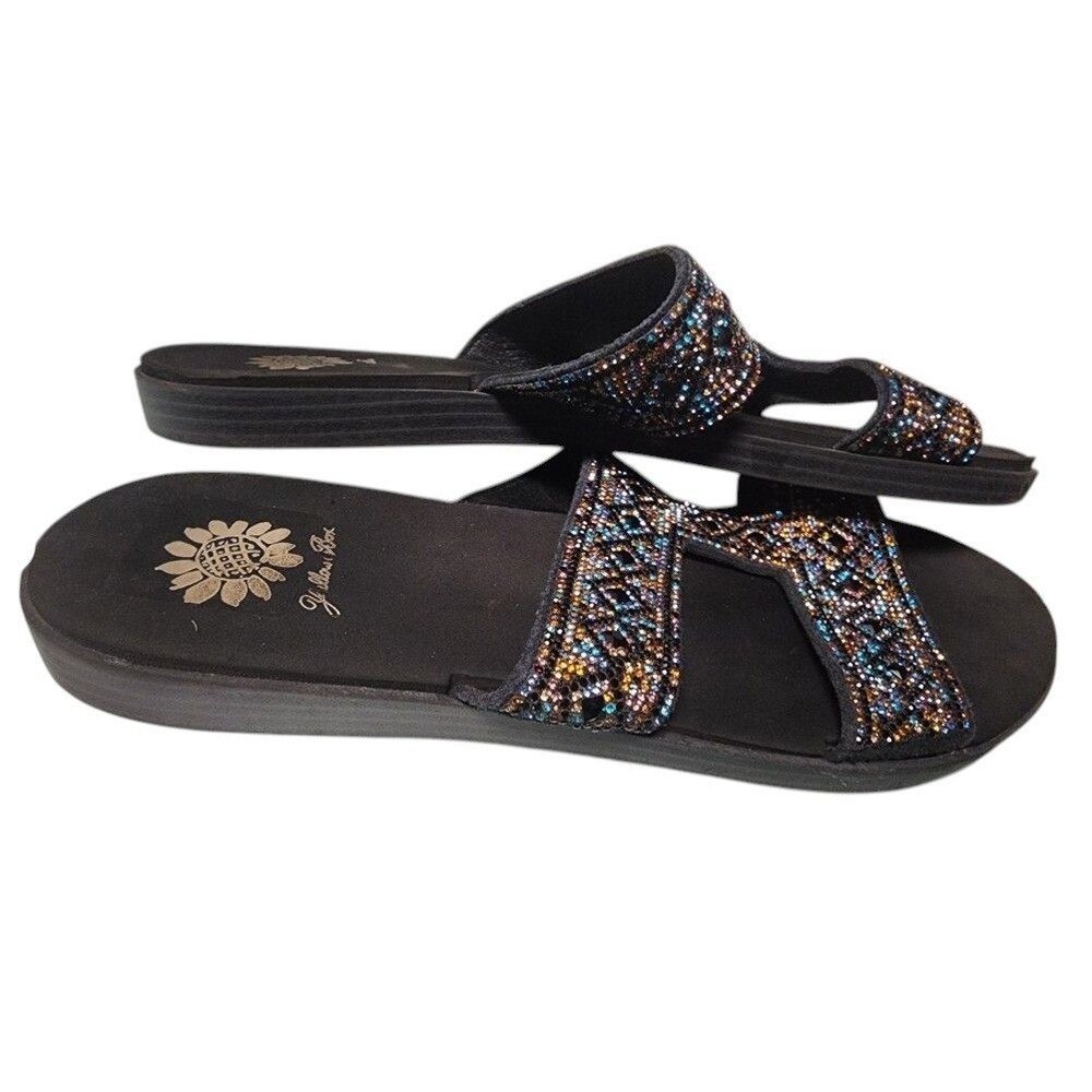 Yellow Box Dublin Rhinestone Black Sandals Size 9 Leather Comfort